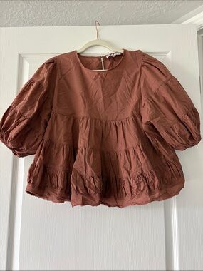 HYFVE Rust Brown Puff Sleeve Tiered Blouse